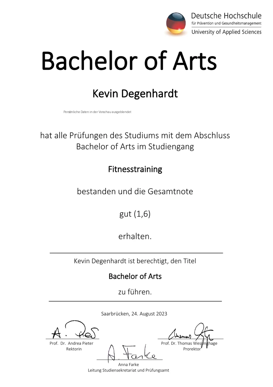 Vorschau: Bachelor of Arts Fitnesstraining